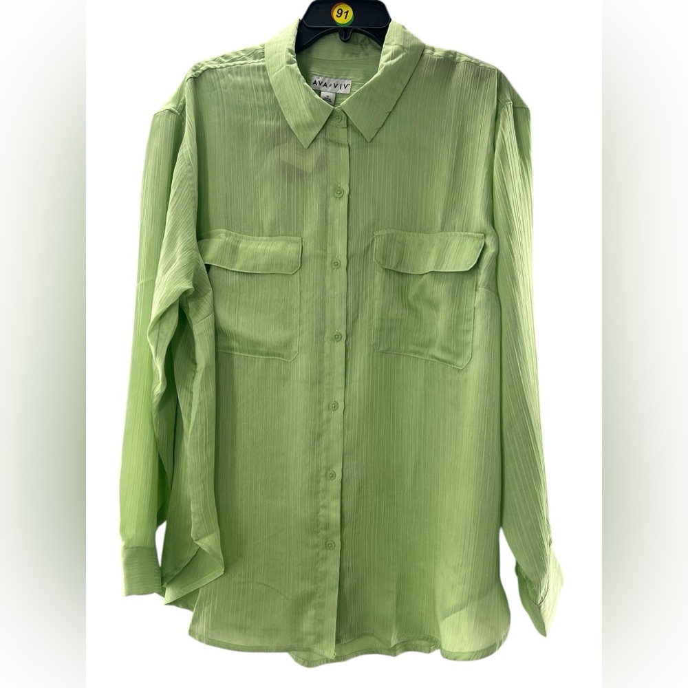 NWT AVA VIV Lightweight Lime Green Woman Button Down Shirt 1X